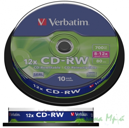 Диск (CD-RW) VERBATIM, 700Mb/80min/8x-12x, (Cake box, 10 шт.)